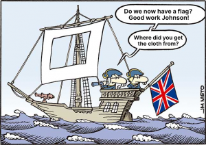 Brexit caricature boris johnson ship flag cloth hole in sail