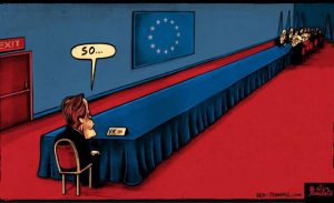 Brexit cartoon UK-EU trade talks continue long table