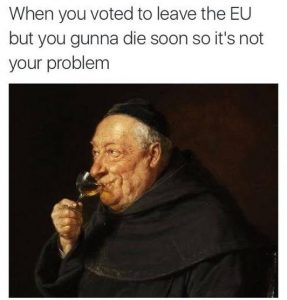 Brexit meme an old bishop drinks wine when you voted to leave the EU but you gonna die soon drinking wine