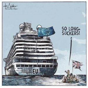 Brexiteers on a raft saying so long suckers