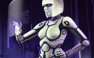 Cyborg lady touchscreen social trading