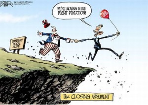 USA government shutdown cartoon obama jumps off the fiscal cliff taking the americas economy with him