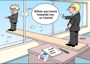 Brexit caricature boris johnson on a board about to jump either you move towards me or i will leave