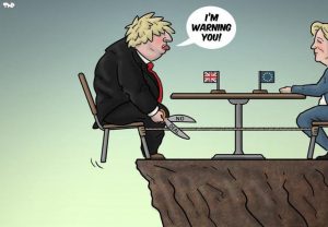 Brexit cartoon Boris Johnson sitting on edge of a cliff with scissors about to cut himself loose saying i'm warning you to european union
