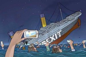 Brexit joke ship as titanic drowning people filming with their phones in water
