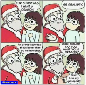Brexit meme little girl sits in the lap of santa claus and says that she wants a dragon for christmas or a brexit trade deal thats better than eu membership be realistic says santa