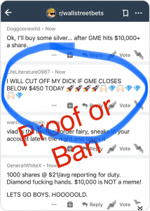 Wallstreetbets user says he would cut my d_ck off if gamestop closes below 450