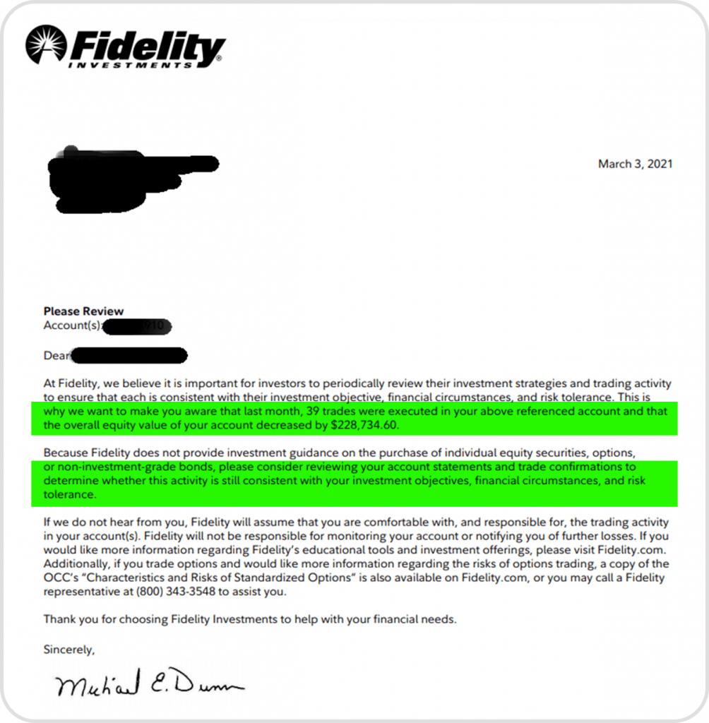 Fidelity letter to traders losing money